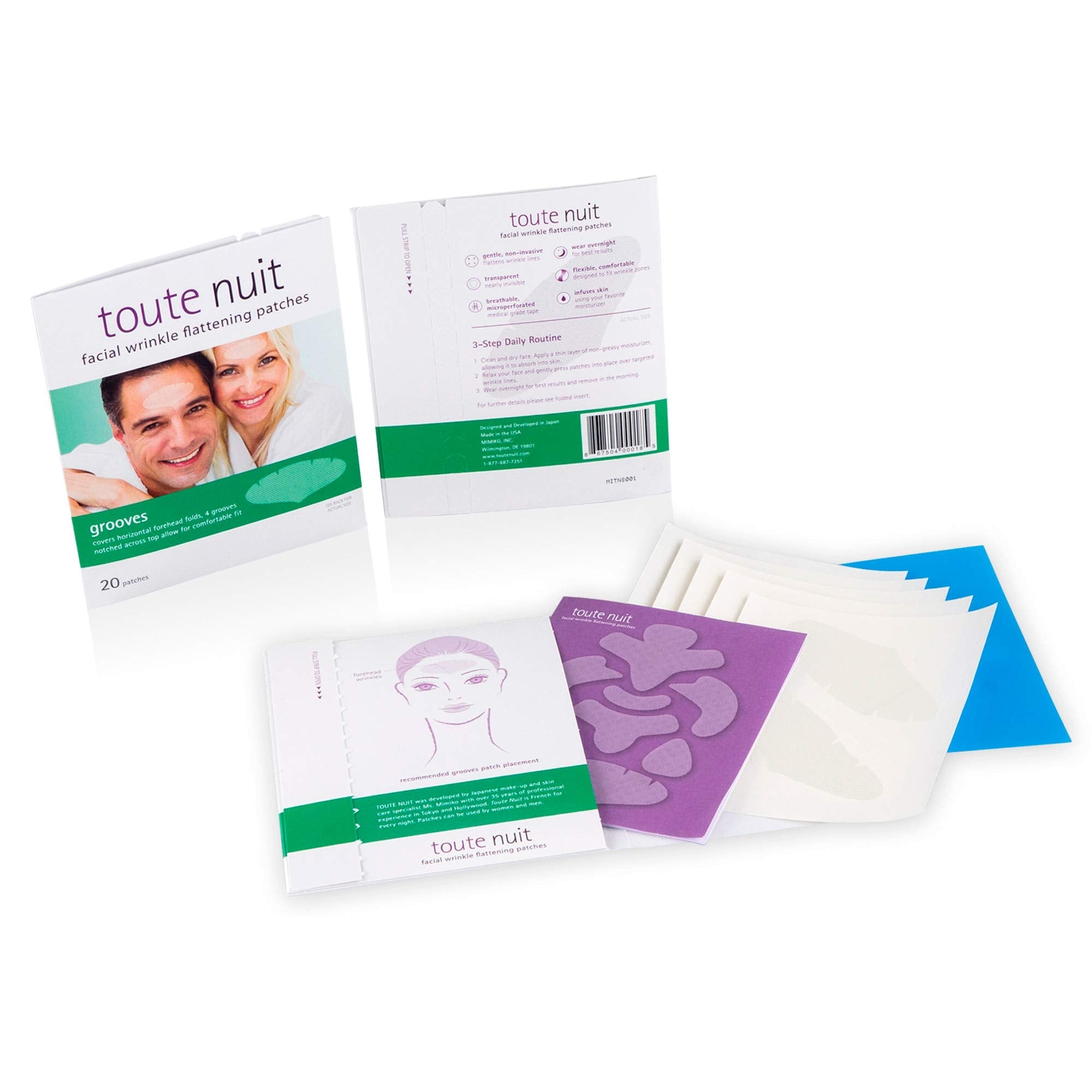 Toute Nuit Wrinkle Patches – Grooves for Maximum Forehead Coverage | Hypoallergenic, Made in USA (Pack of 2, 20 per pack)