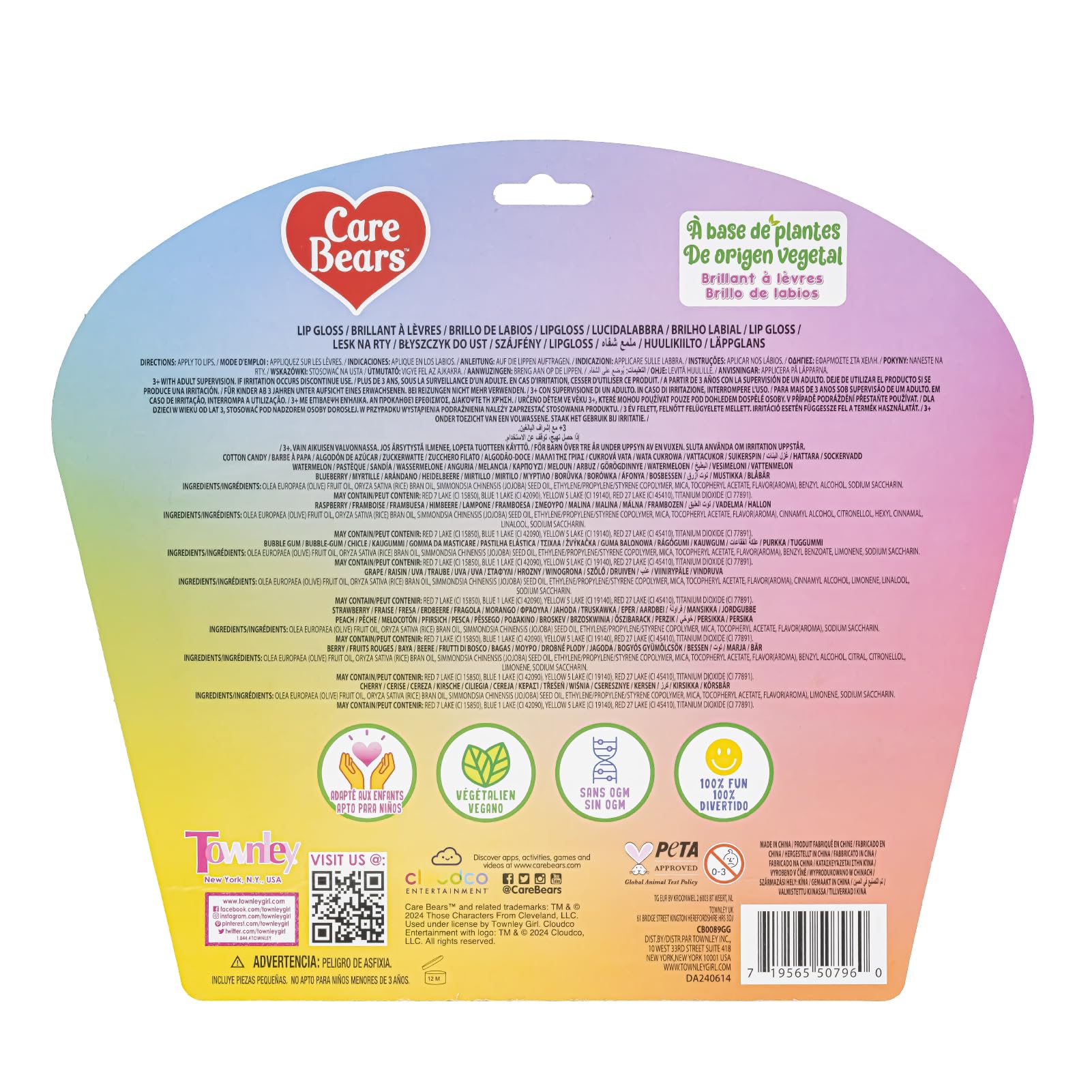 Townley Girl Care Bears 10-Piece Plant-Based Lip Gloss Set for Kids 3+ | Party Favors & Gifts