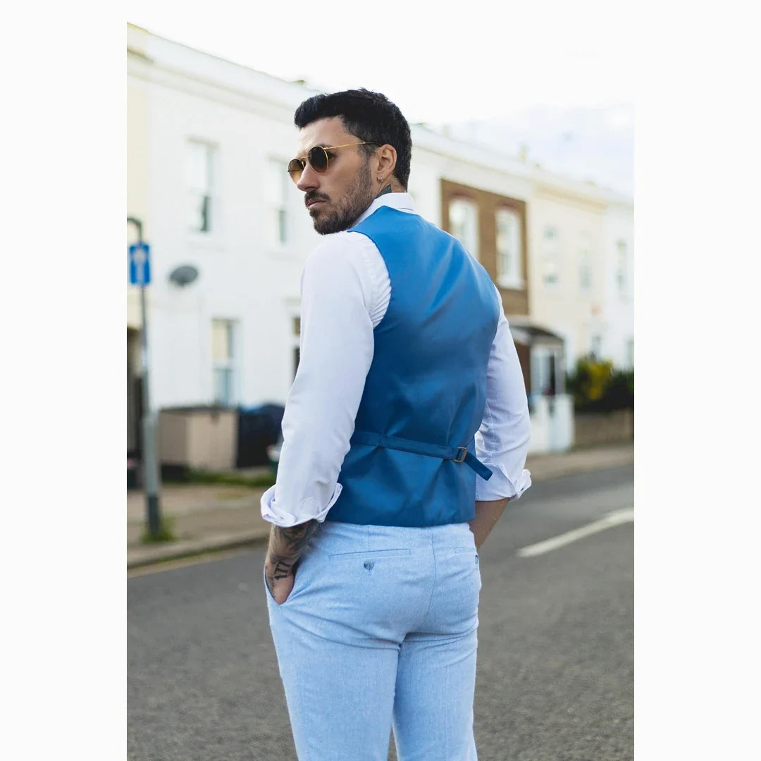 TP-13 - Men's Summer Suit Waistcoat Trousers Linen Formal Baby Blue Wedding