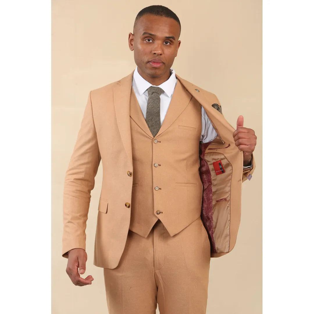 TP-23 - Men's Camel 3 Piece Linen Summer Wedding Suit