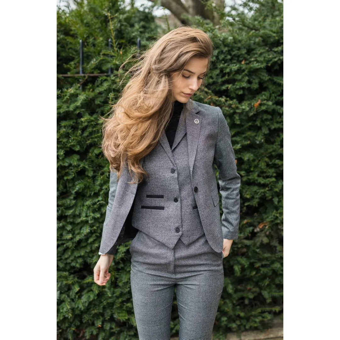 TPW51 - Women's Grey 3 Piece Prince Of Wales Check Suit
