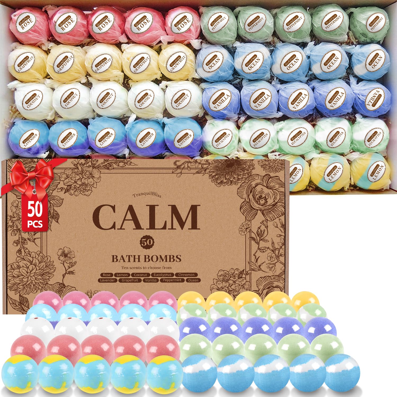 TranquilBliss Bath Bombs Set – 50 Pieces, 10 Scents, Shea Butter & Safe Oils