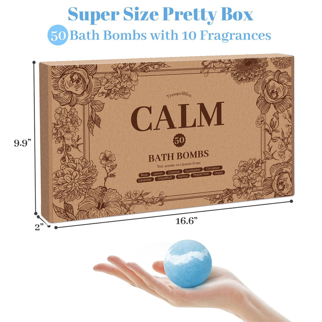 TranquilBliss Bath Bombs Set – 50 Pieces, 10 Scents, Shea Butter & Safe Oils