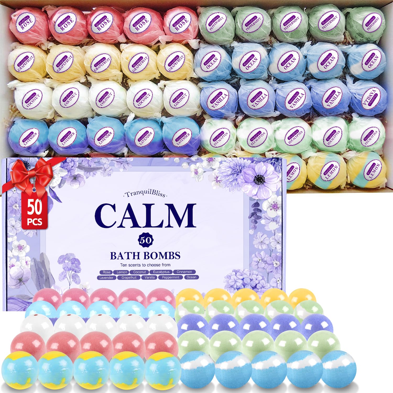 TranquilBliss Bath Bombs Set — 50-Piece Gift Box with 10 Scents, Shea Butter & Safe Oils (Purple)