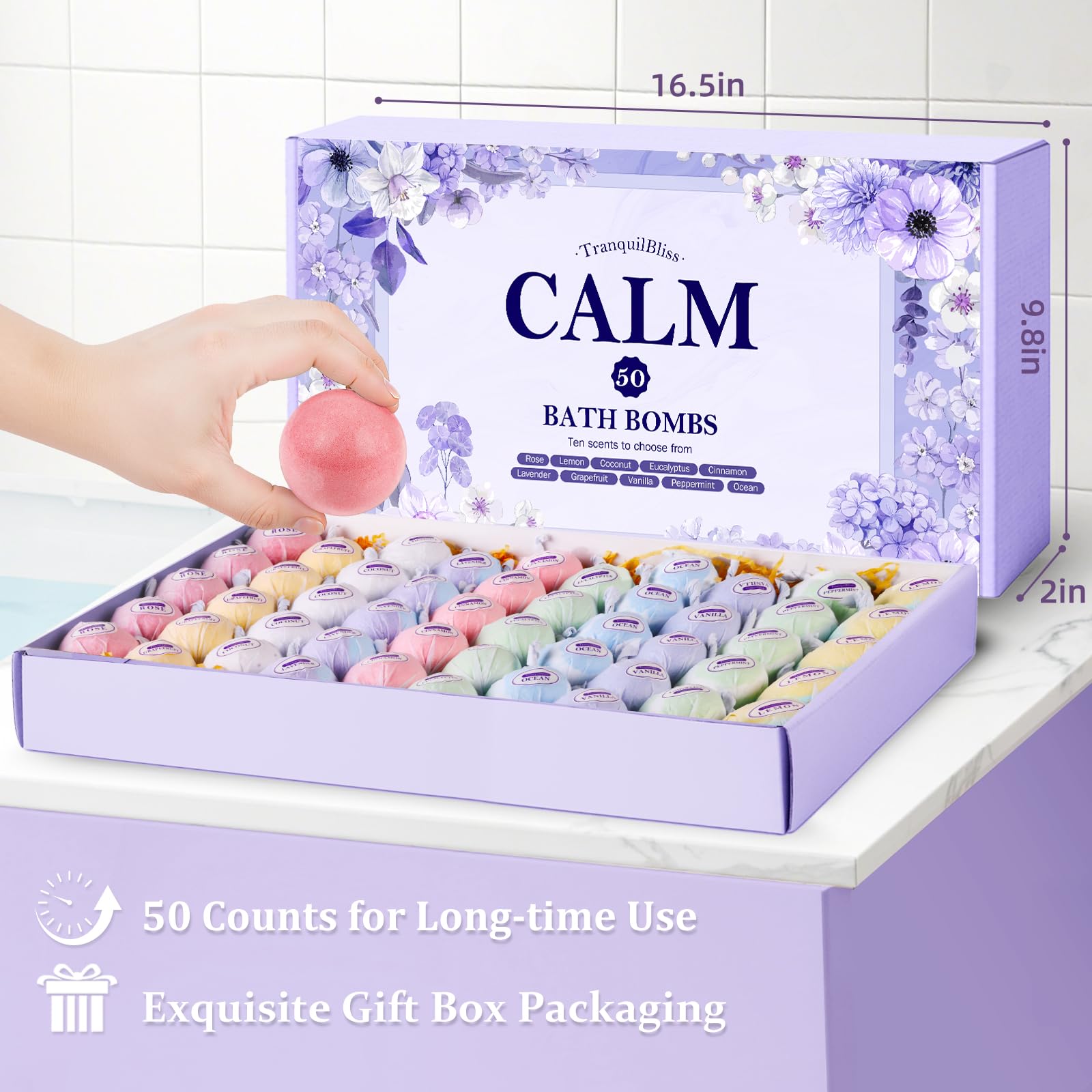 TranquilBliss Bath Bombs 50‑Pack Set – 10 Scents, Natural Moisturizing Bubbles, Gift‑Ready