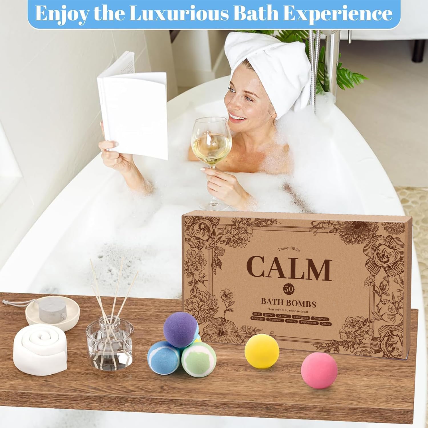 TranquilBliss Bath Bombs Set – 50 Pieces, 10 Scents, Shea Butter & Safe Oils