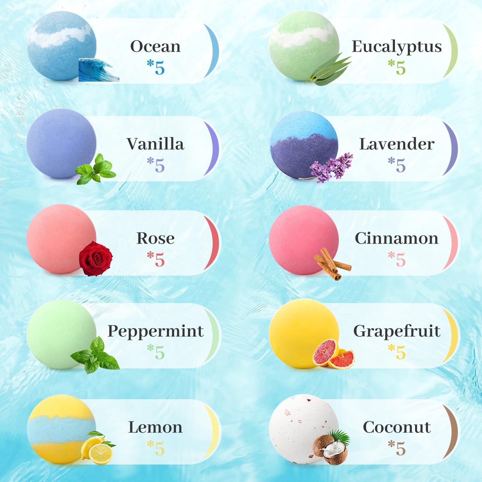 TranquilBliss Bath Bombs Set – 50 Pieces, 10 Scents, Shea Butter & Safe Oils