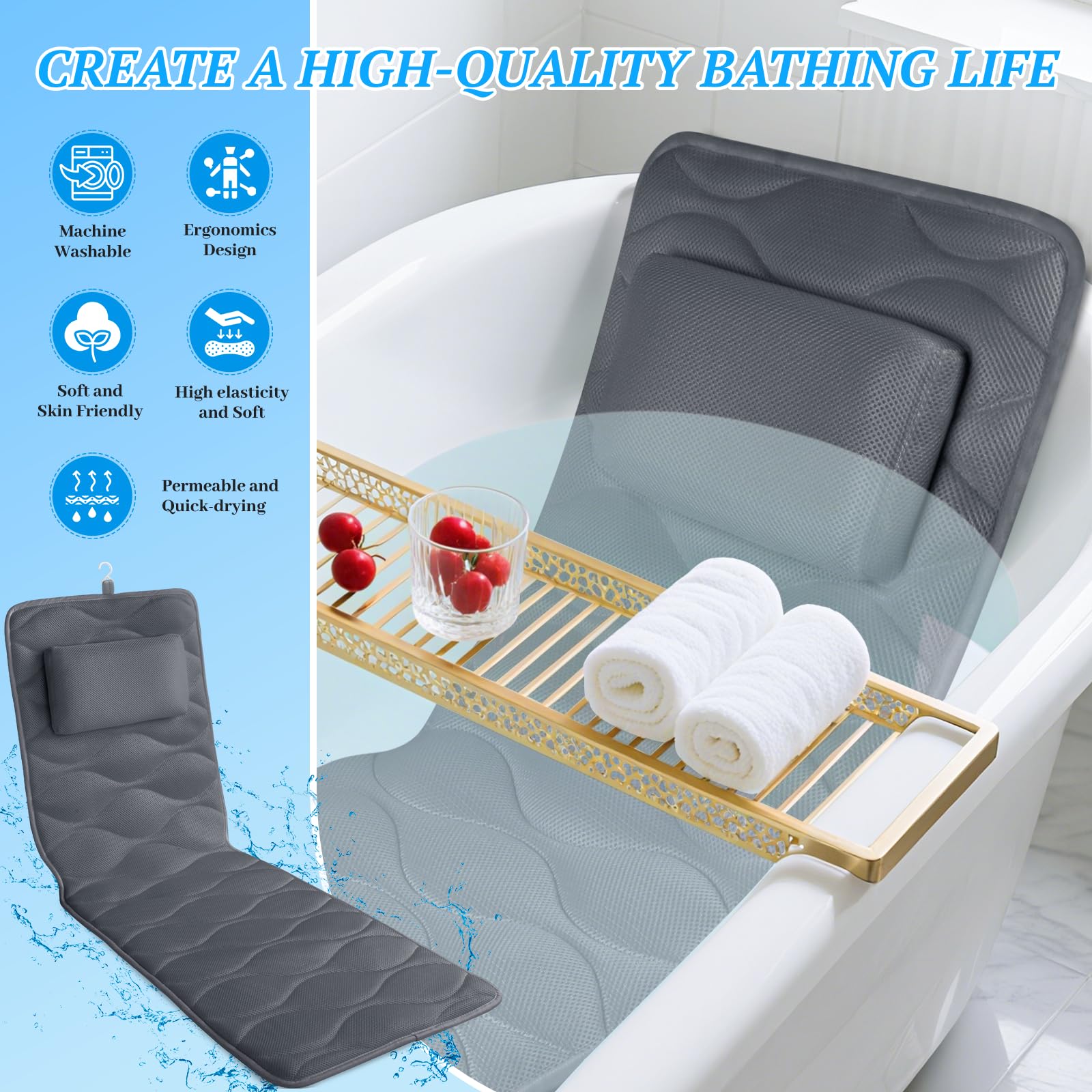 TranquilRelax Bath Pillow with 17 Suction Cups – Extra Thick Head & Neck Support, 51 x 16 in, Grey