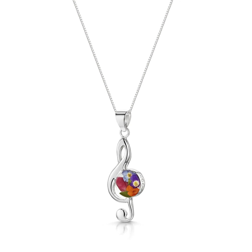 Mixed Flower Silver Treble Clef Pendant Necklace