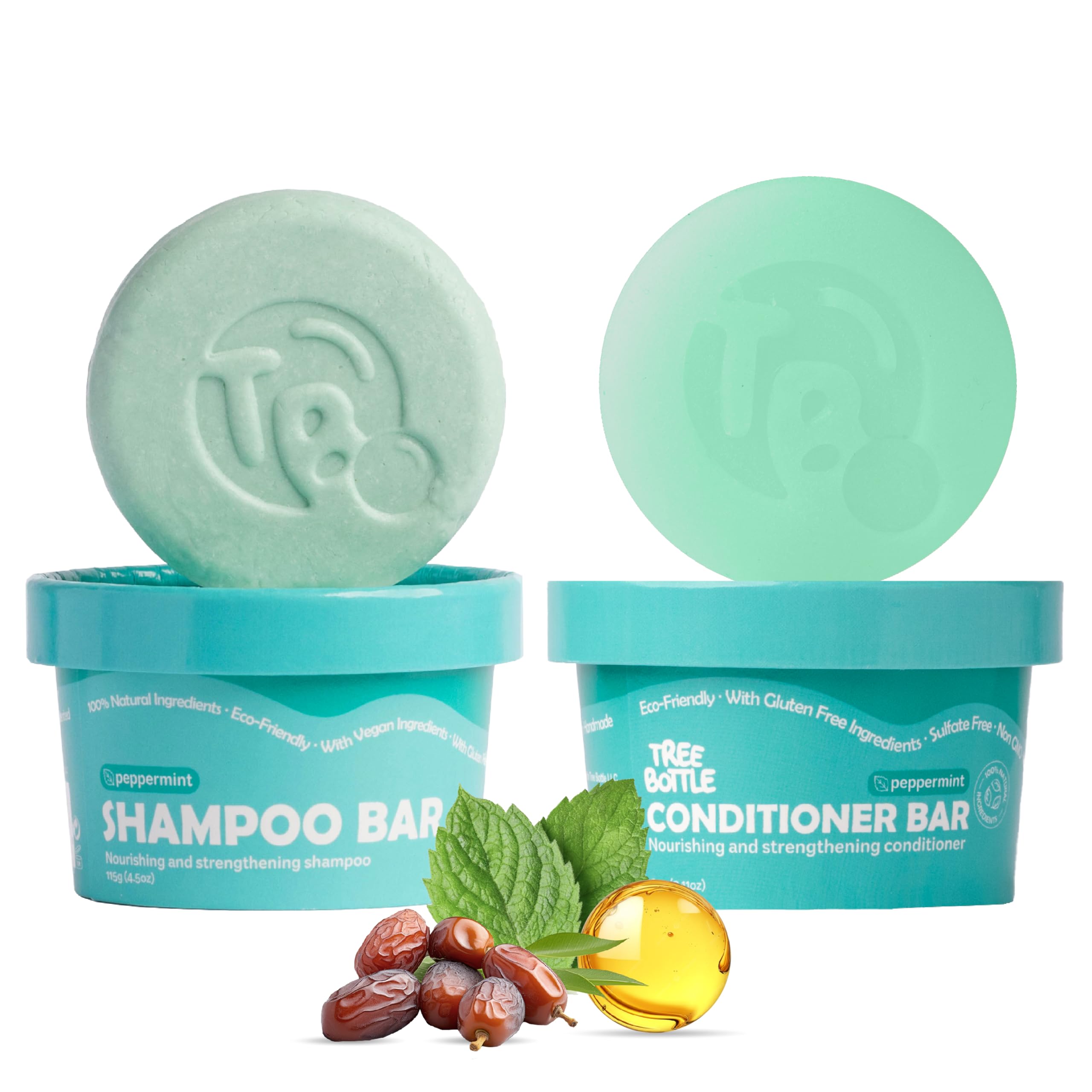 Tree Bottle Castor Oil Shampoo & Conditioner Bar Set – Peppermint, Biotin, Plastic-Free 7.8oz