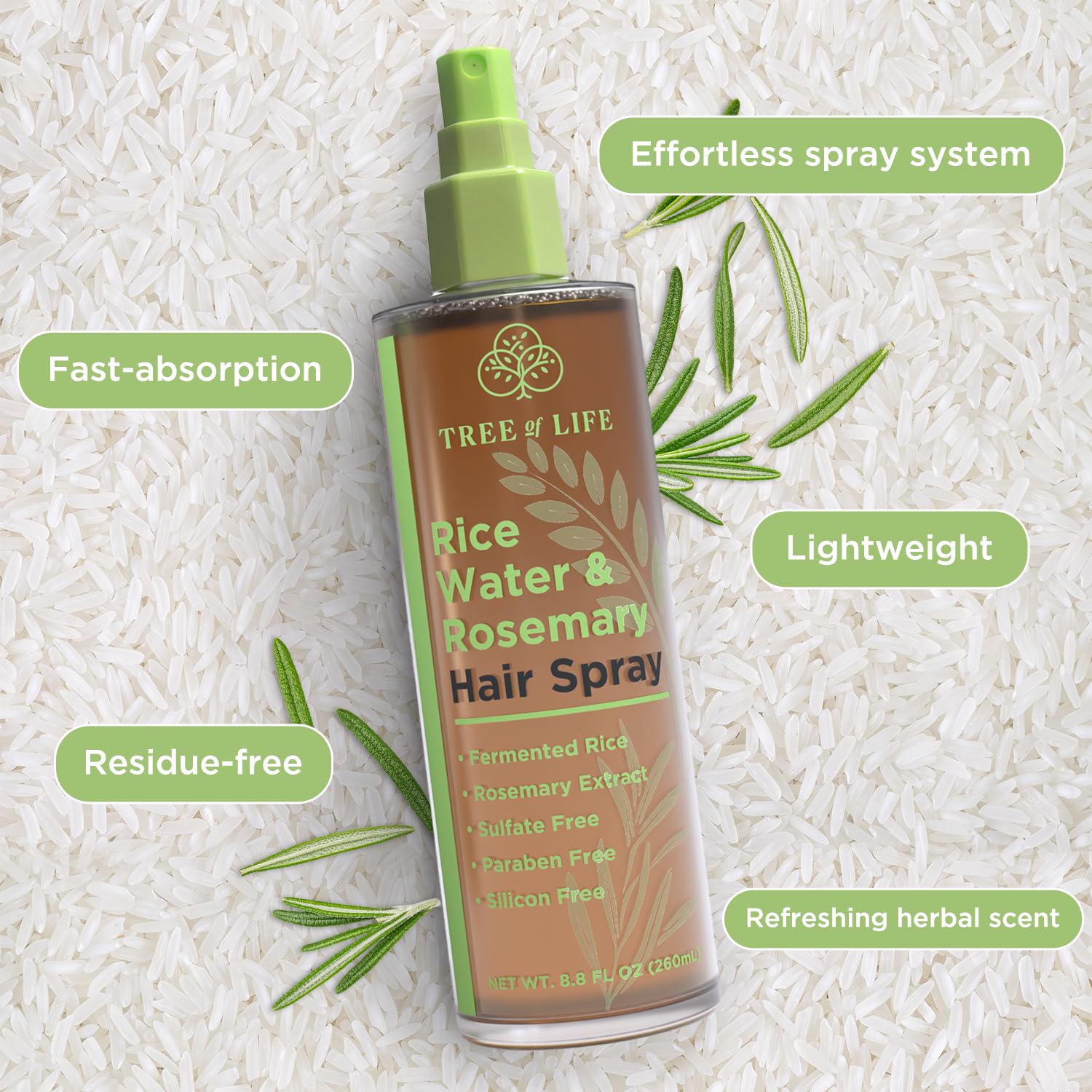 Tree of Life Beauty Rice Water Hair Spray – Rosemary Water, Caffeine & Biotin for Hair Growth (8.8 fl oz)