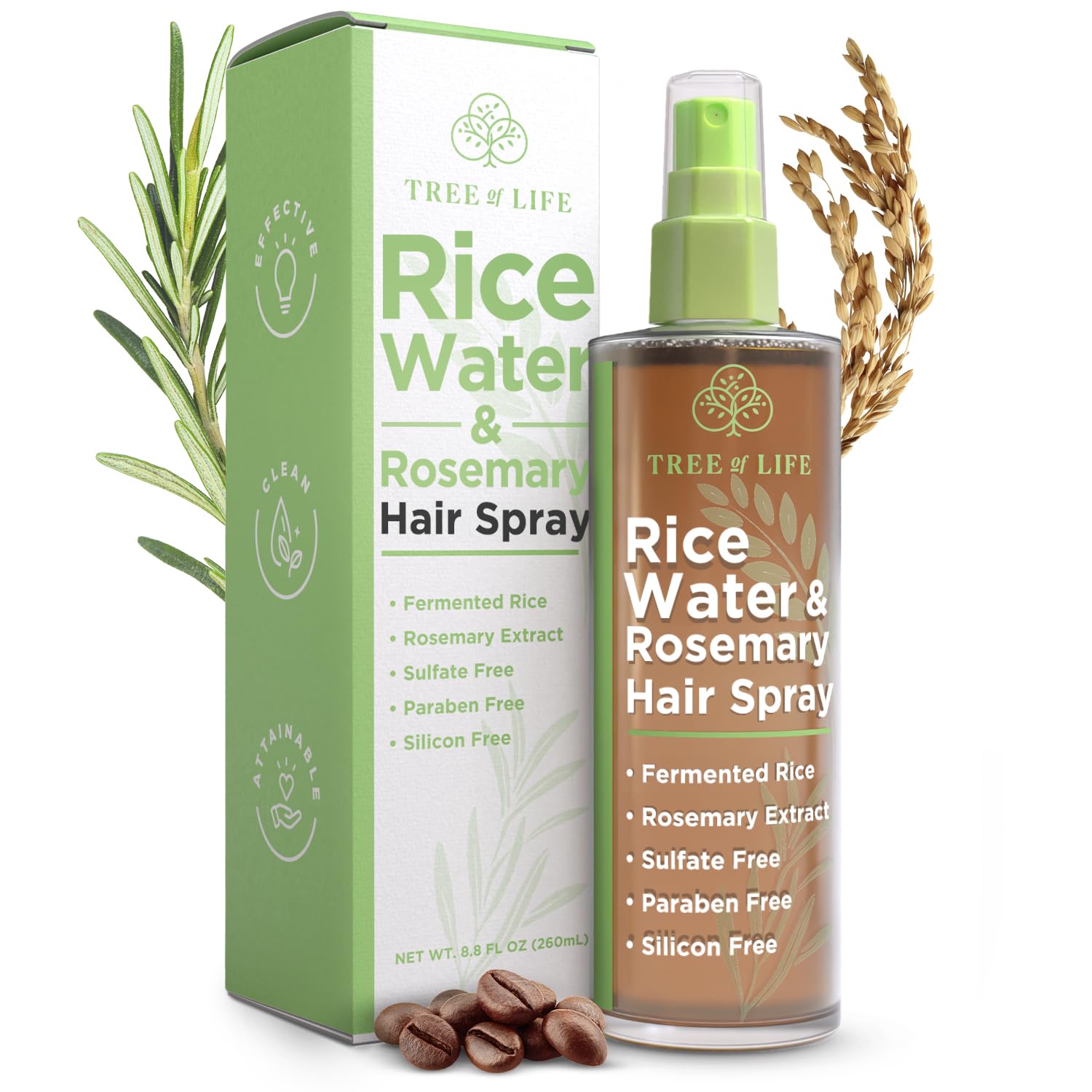 Tree of Life Beauty Rice Water Hair Spray – Rosemary Water, Caffeine & Biotin for Hair Growth (8.8 fl oz)