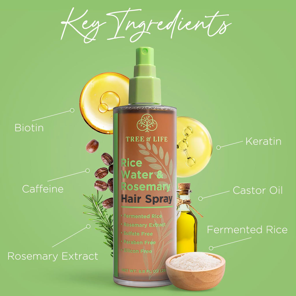 Tree of Life Beauty Rice Water Hair Spray – Rosemary Water, Caffeine & Biotin for Hair Growth (8.8 fl oz)