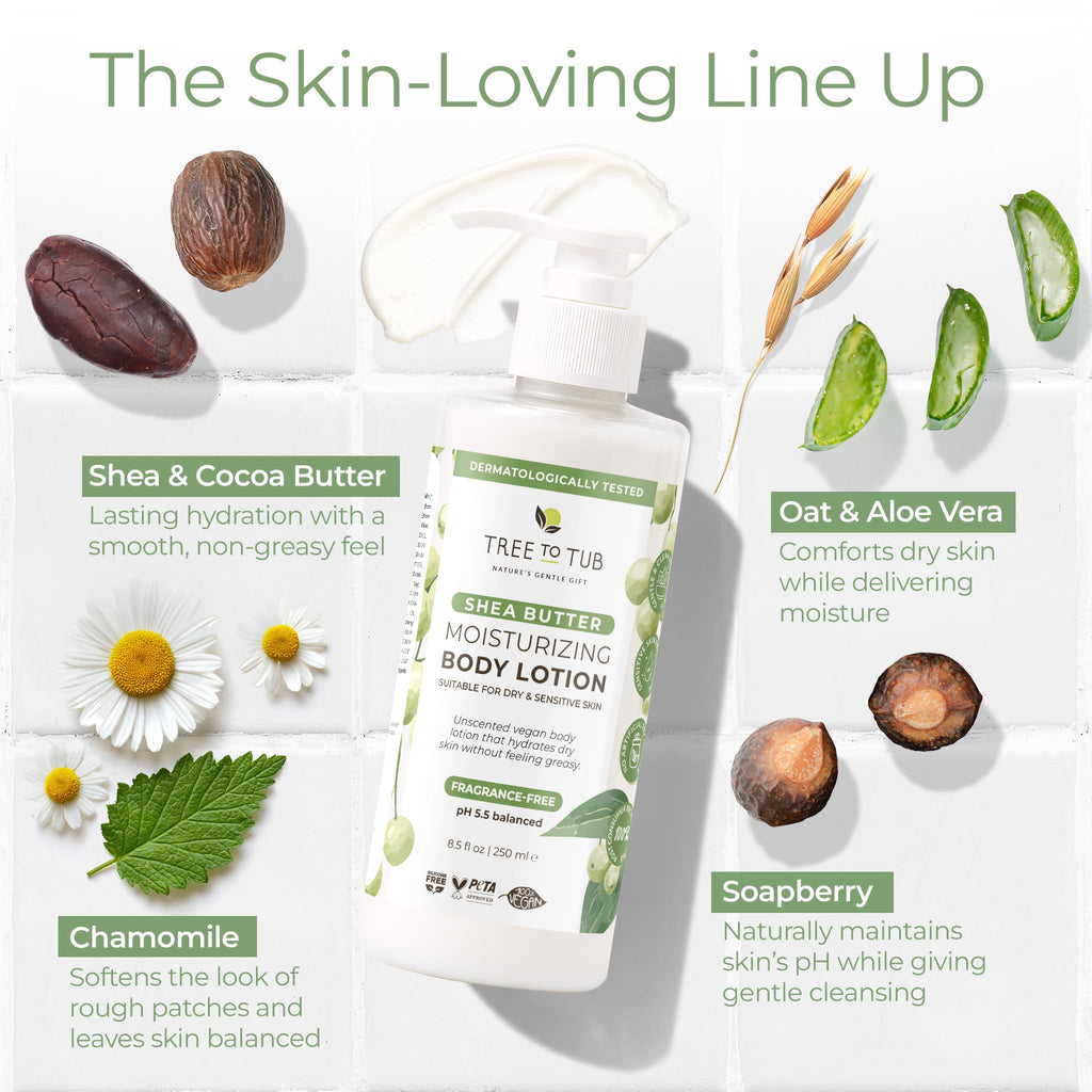 Tree to Tub Unscented Shea Butter Body Lotion – Fragrance-Free, Vegan Moisturizer (2 Pack) for Dry & Sensitive Skin