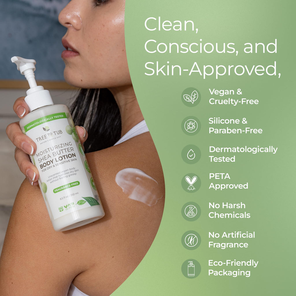 Tree to Tub Unscented Shea Butter Body Lotion – Fragrance-Free, Vegan Moisturizer (2 Pack) for Dry & Sensitive Skin