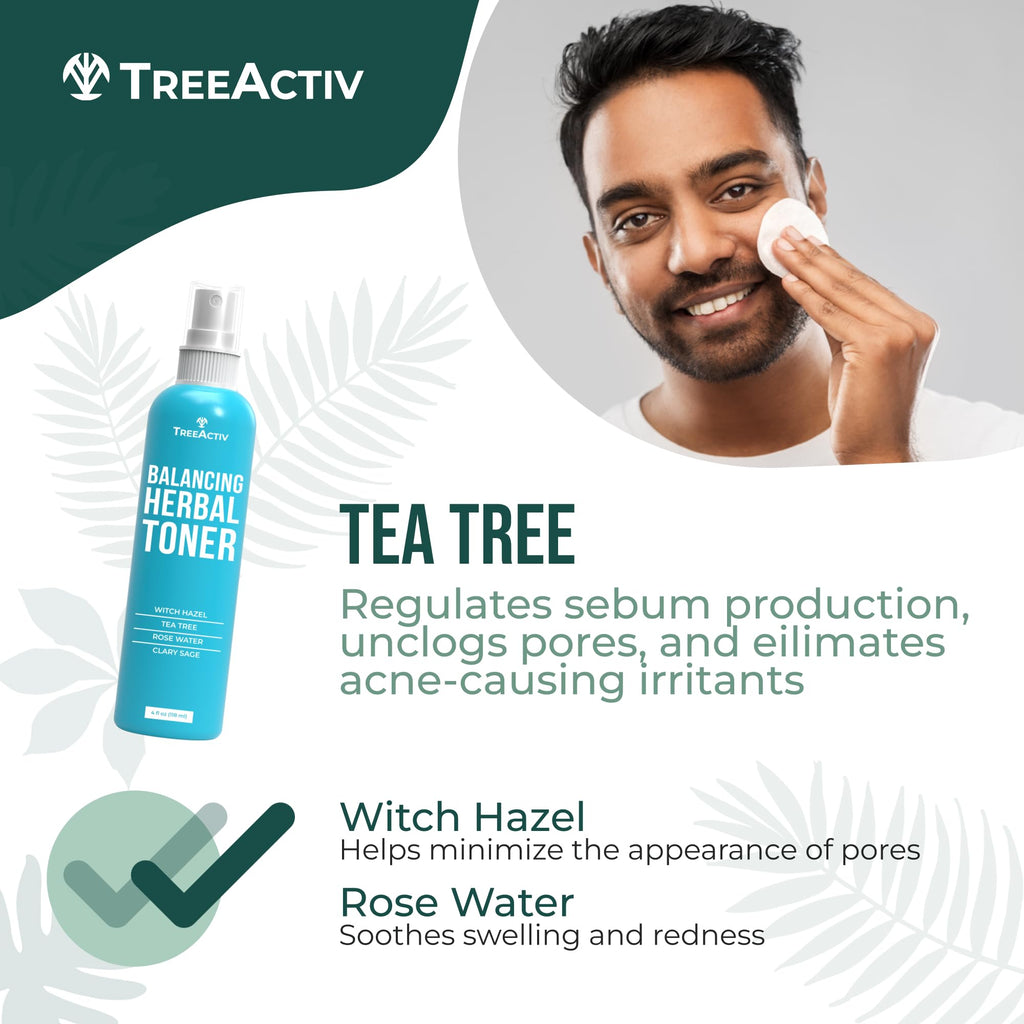 TreeActiv Balancing Herbal Toner | Alcohol-Free Astringent for Oily/Acne-Prone Skin | Rose Water & Tea Tree | 4 fl oz