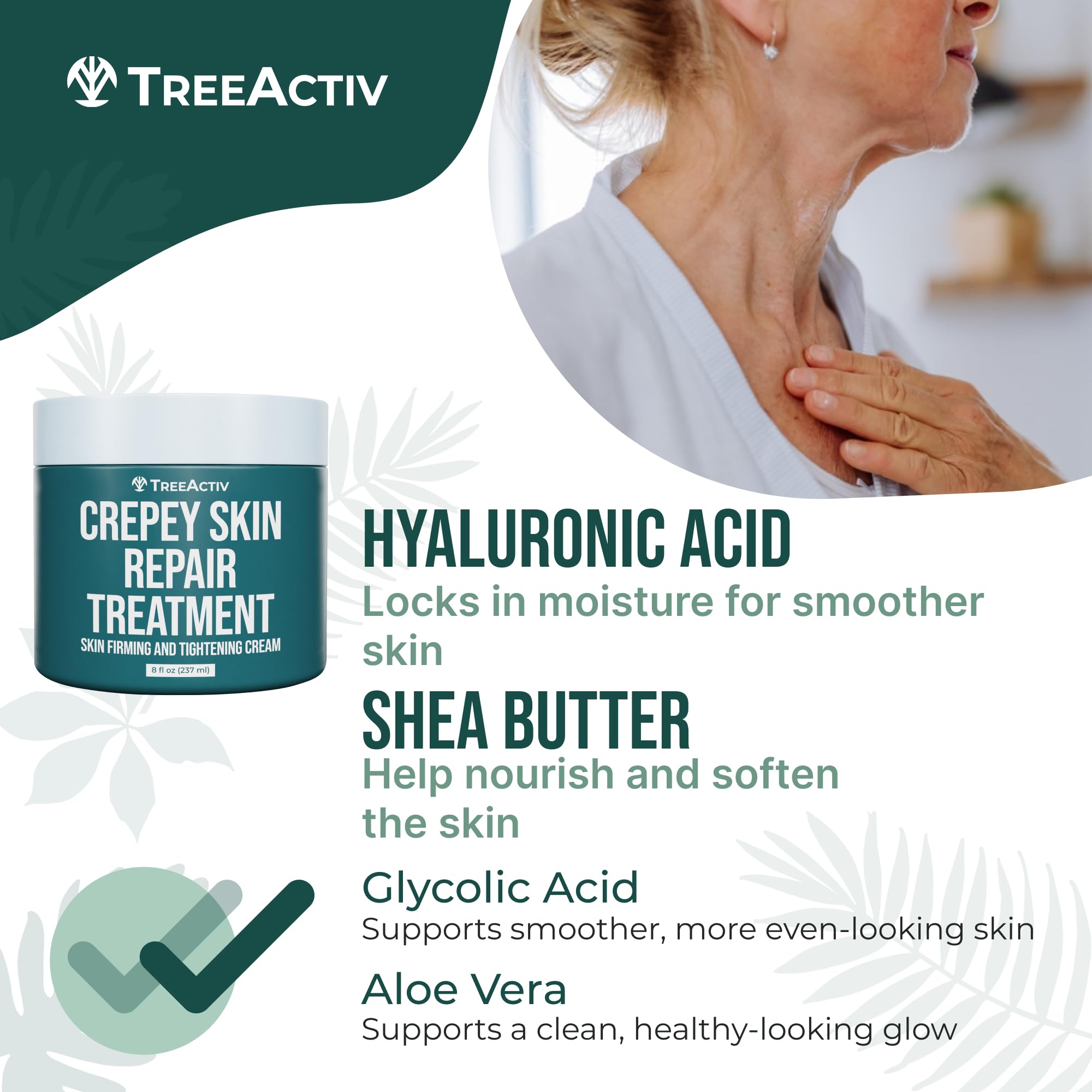 TreeActiv Crepey Skin Repair Cream – Hyaluronic Acid & Shea Butter, 8 oz