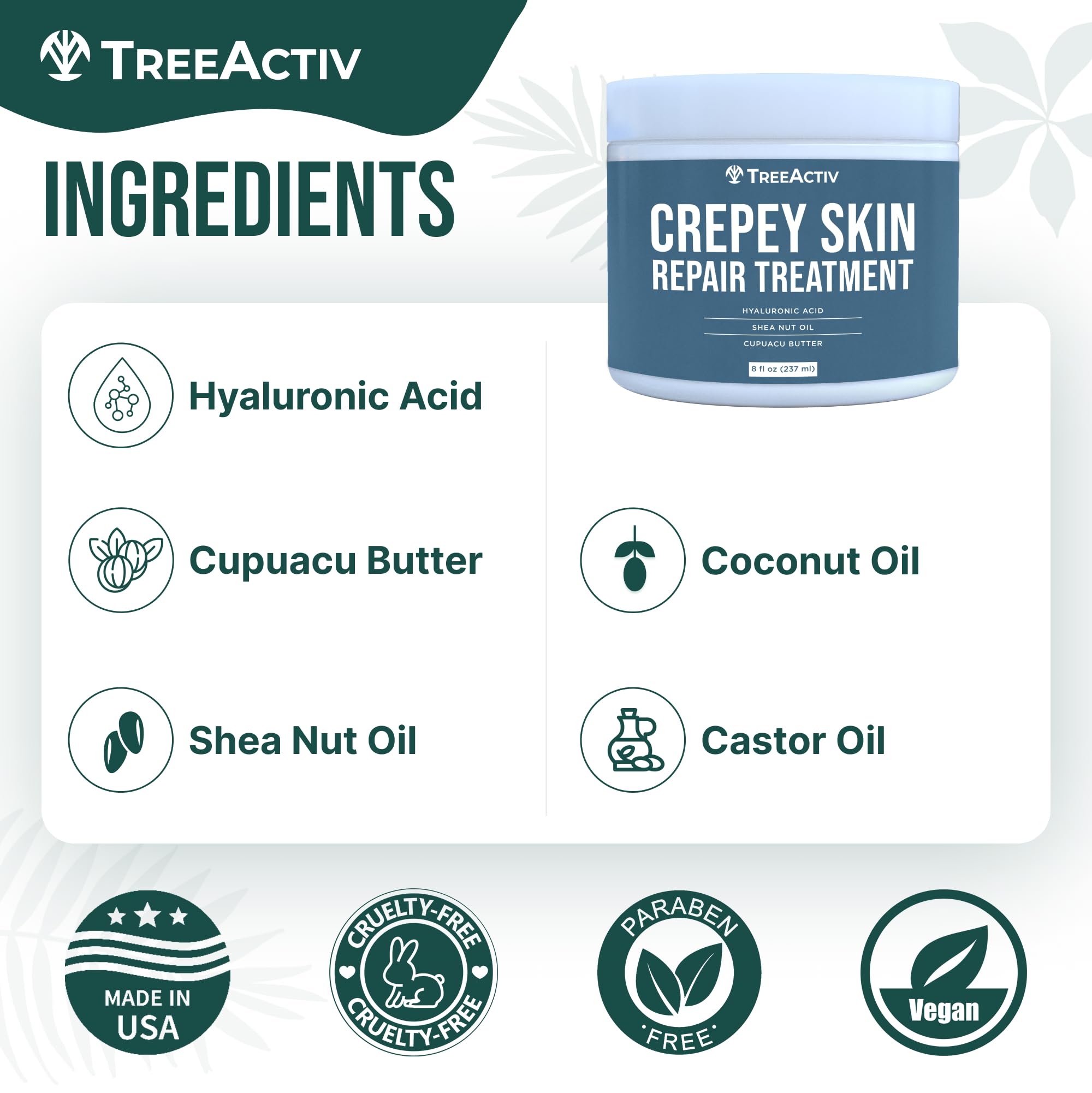 TreeActiv Crepey Skin Repair Cream – Firming Hyaluronic Acid Lotion (8 oz)