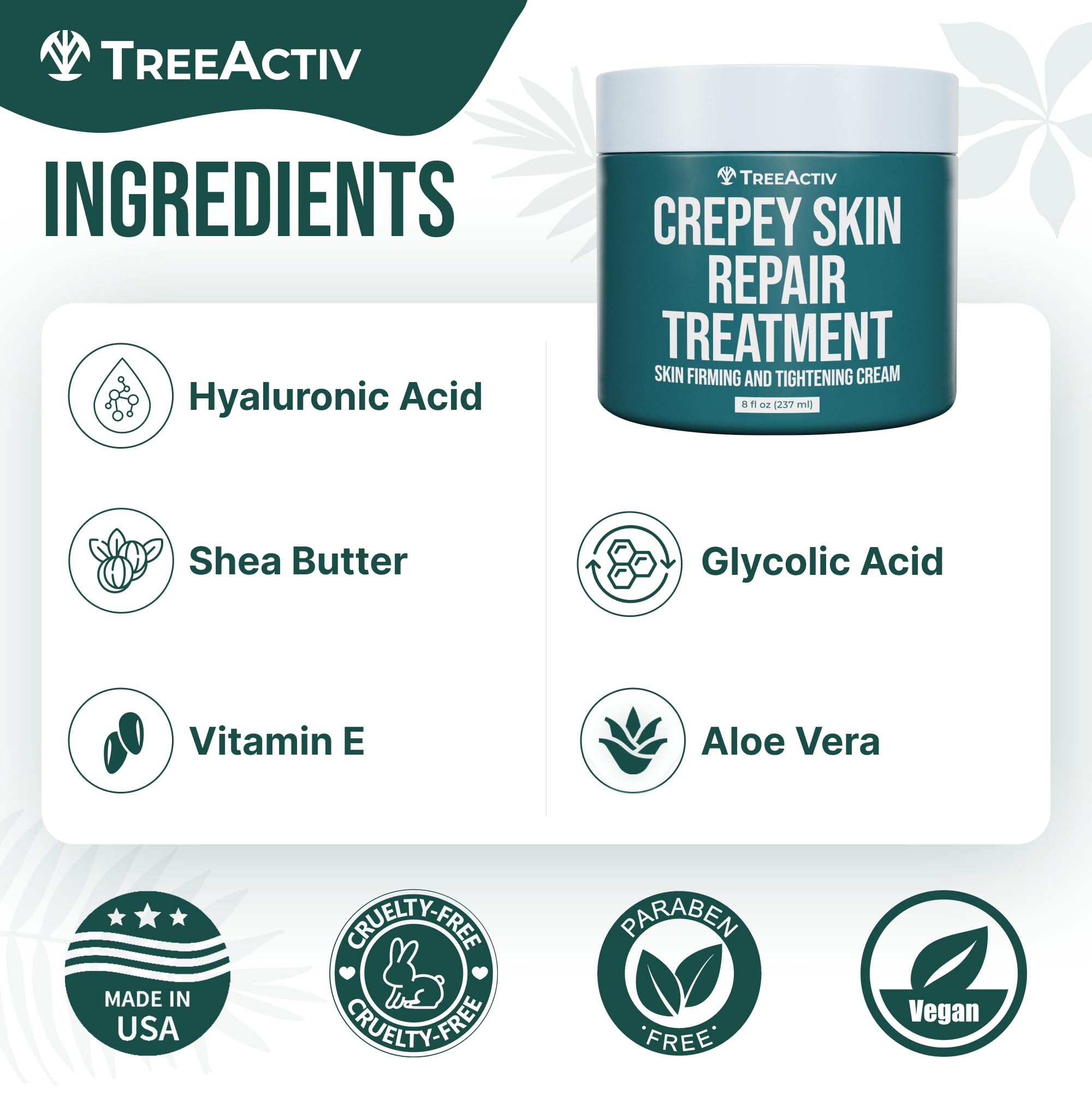 TreeActiv Crepey Skin Repair Cream – Hyaluronic Acid & Shea Butter, 8 oz