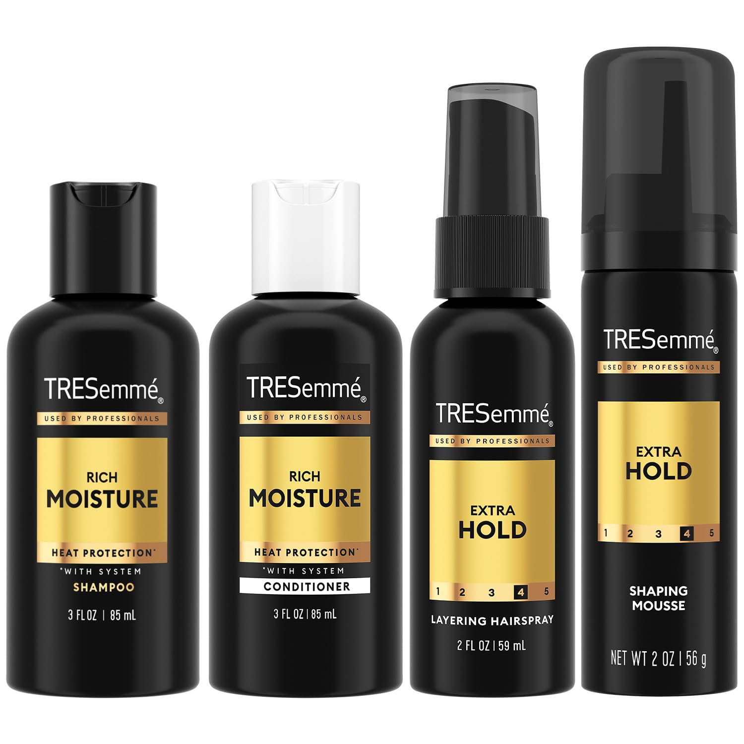 TRESemmé Travel Hair Care Set – Shampoo, Conditioner, Hairspray & Mousse (4-Piece, 3oz/2oz)