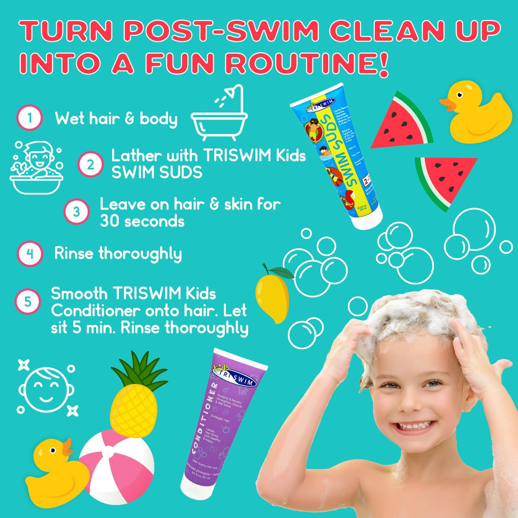 TRISWIM Kids Swim Suds & Conditioner Set – Tear-Free 2-in-1 Chlorine Removal for Hair & Skin, 8.5 fl oz Each