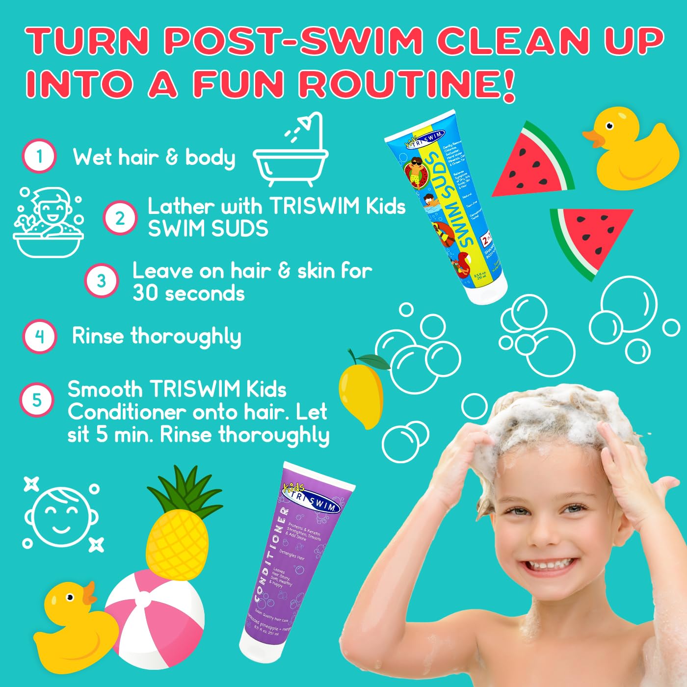 TRISWIM Kids Swim Suds & Conditioner Set – Tear-Free 2-in-1 Chlorine Removal for Hair & Skin, 8.5 fl oz Each