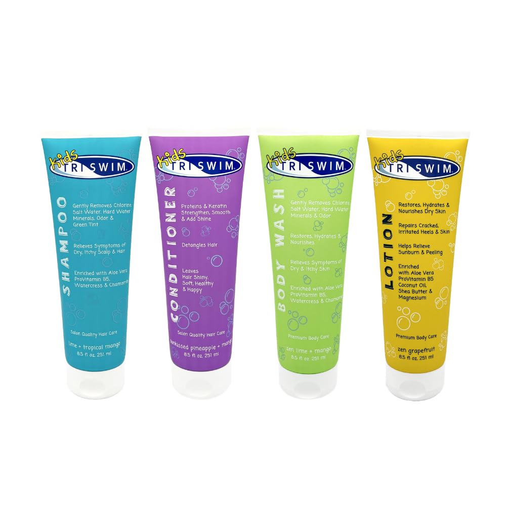 TRISWIM Kids After Swim Pack – 4-Piece Travel Set (8.5 oz each) for Chlorine Removal