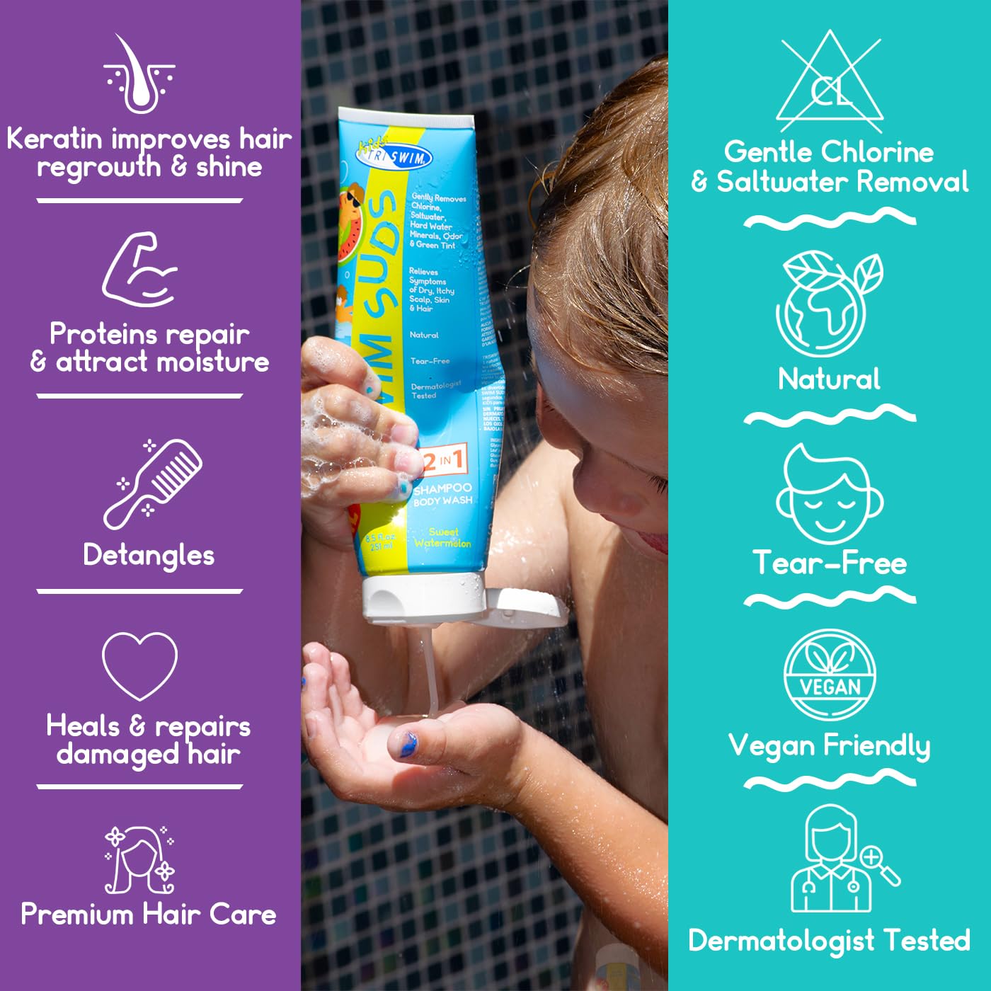 TRISWIM Kids Swim Suds & Conditioner Set – Tear-Free 2-in-1 Chlorine Removal for Hair & Skin, 8.5 fl oz Each