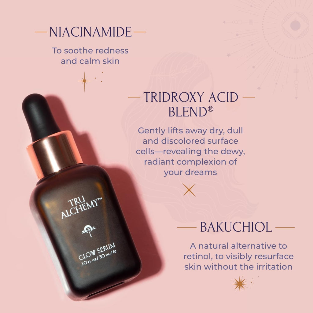 Tru Alchemy Vitamin C Glow Serum – Hydrating Brightening Serum with Bakuchiol, Glycolic & Lactic Acid | 1 fl oz