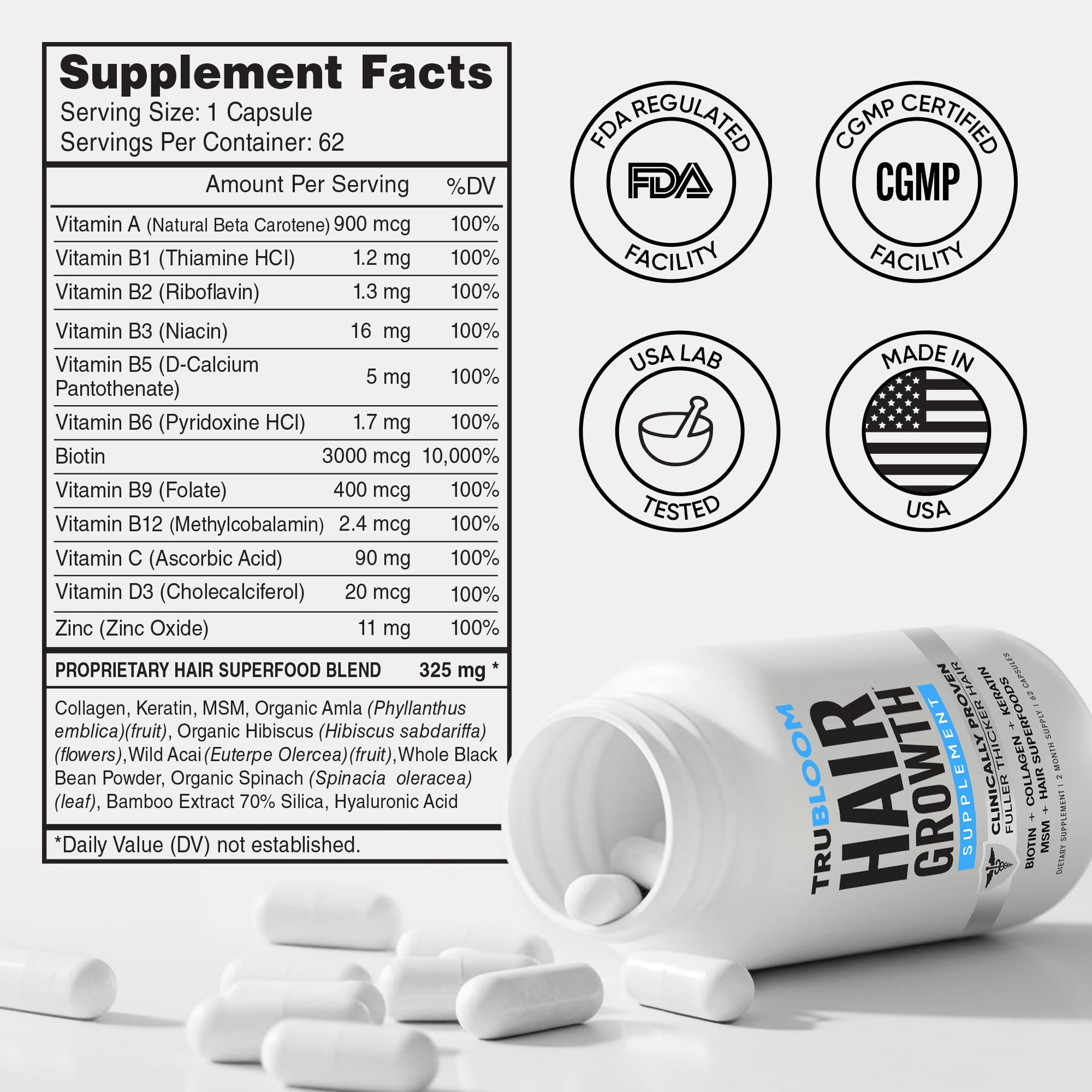 Tru Bloom Hair Growth Vitamins — 2 Month Supply | Clinically Proven Fuller, Thicker Hair | Drug-Free with Biotin, Collagen & Hair Superfoods