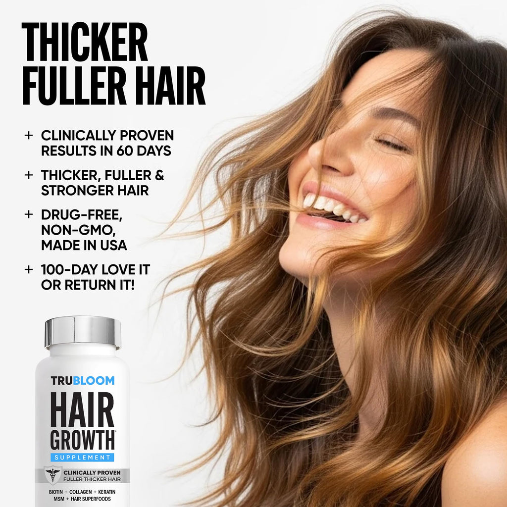 Tru Bloom Hair Growth Vitamins — 2 Month Supply | Clinically Proven Fuller, Thicker Hair | Drug-Free with Biotin, Collagen & Hair Superfoods