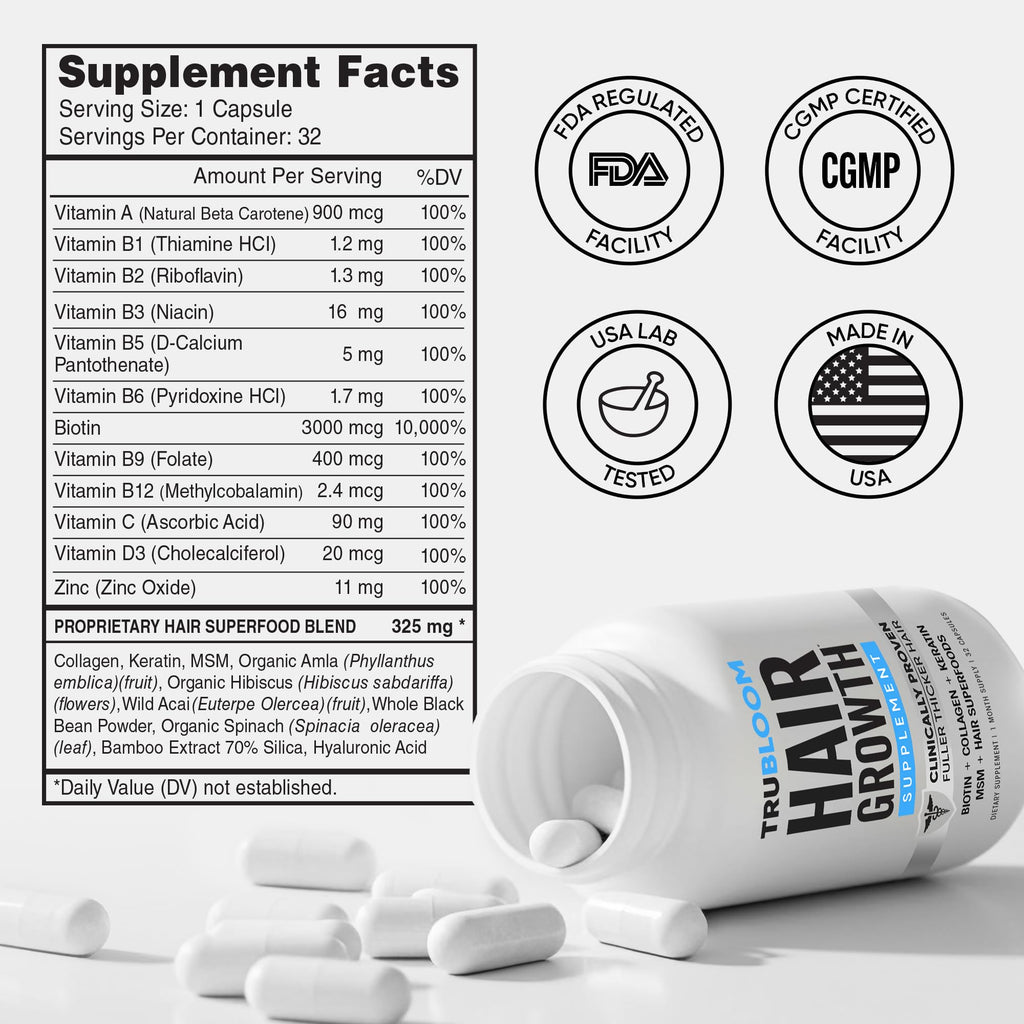 Tru Bloom Hair Growth Vitamins – 1 Month Supply | Fuller, Thicker Hair (Drug-Free)