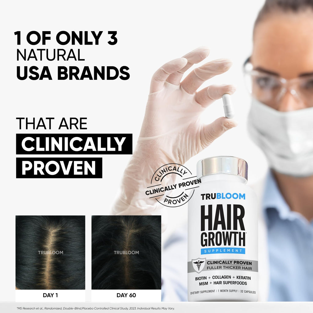 Tru Bloom Hair Growth Vitamins – 1 Month Supply | Fuller, Thicker Hair (Drug-Free)