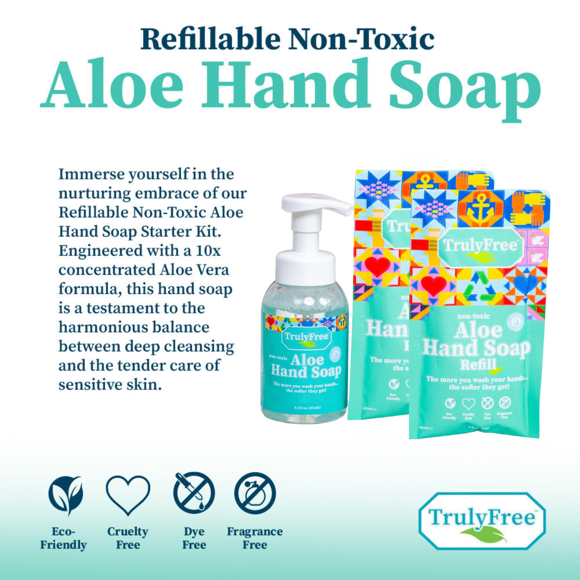 Truly Free Aloe Unscented Hand Soap — 10x Concentrated Aloe, Reusable Dispenser & Refill Pouches