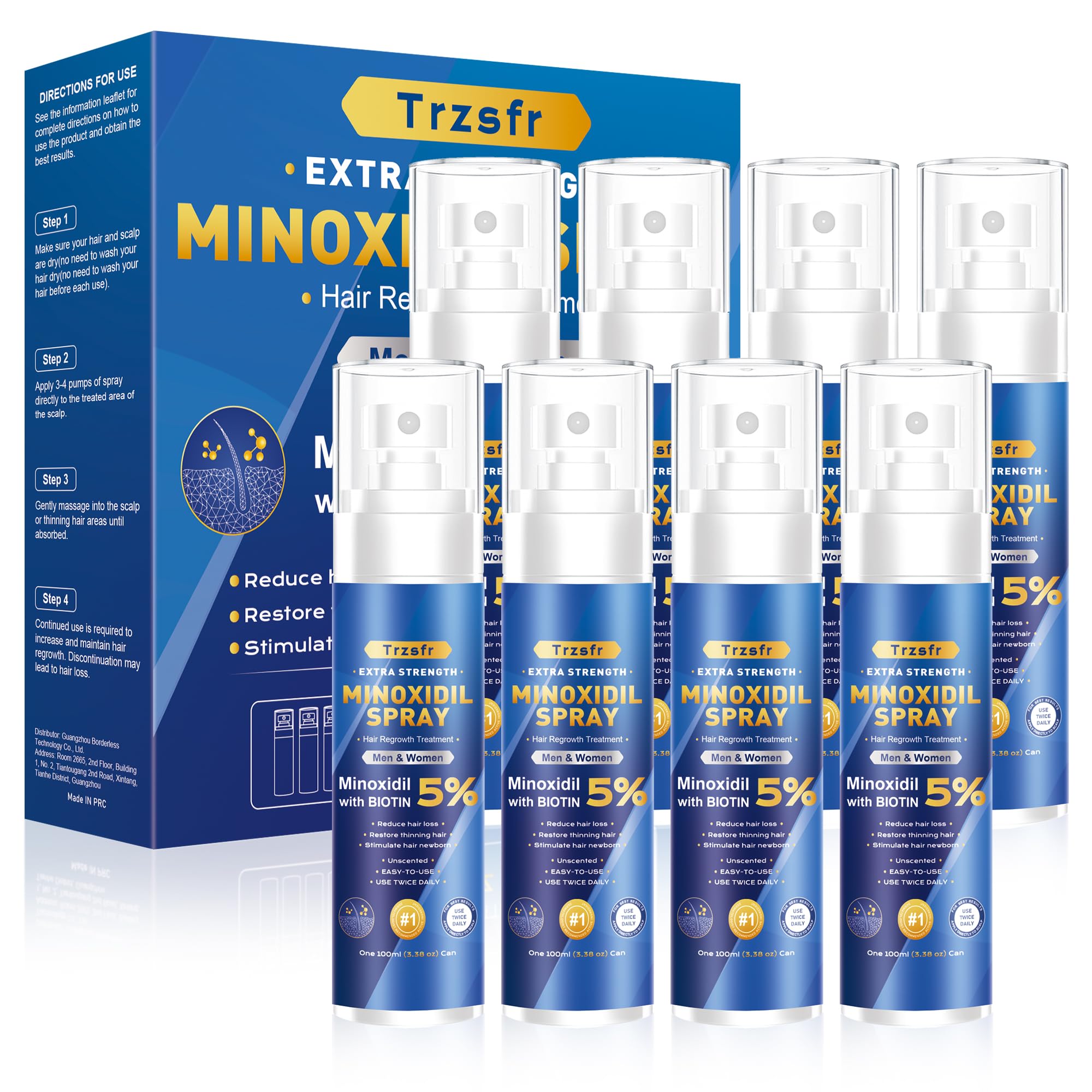 Trzsfr 5% Minoxidil Spray for Hair Growth — Extra Strength with Biotin | 12-Month 8-Pack (28 fl oz)