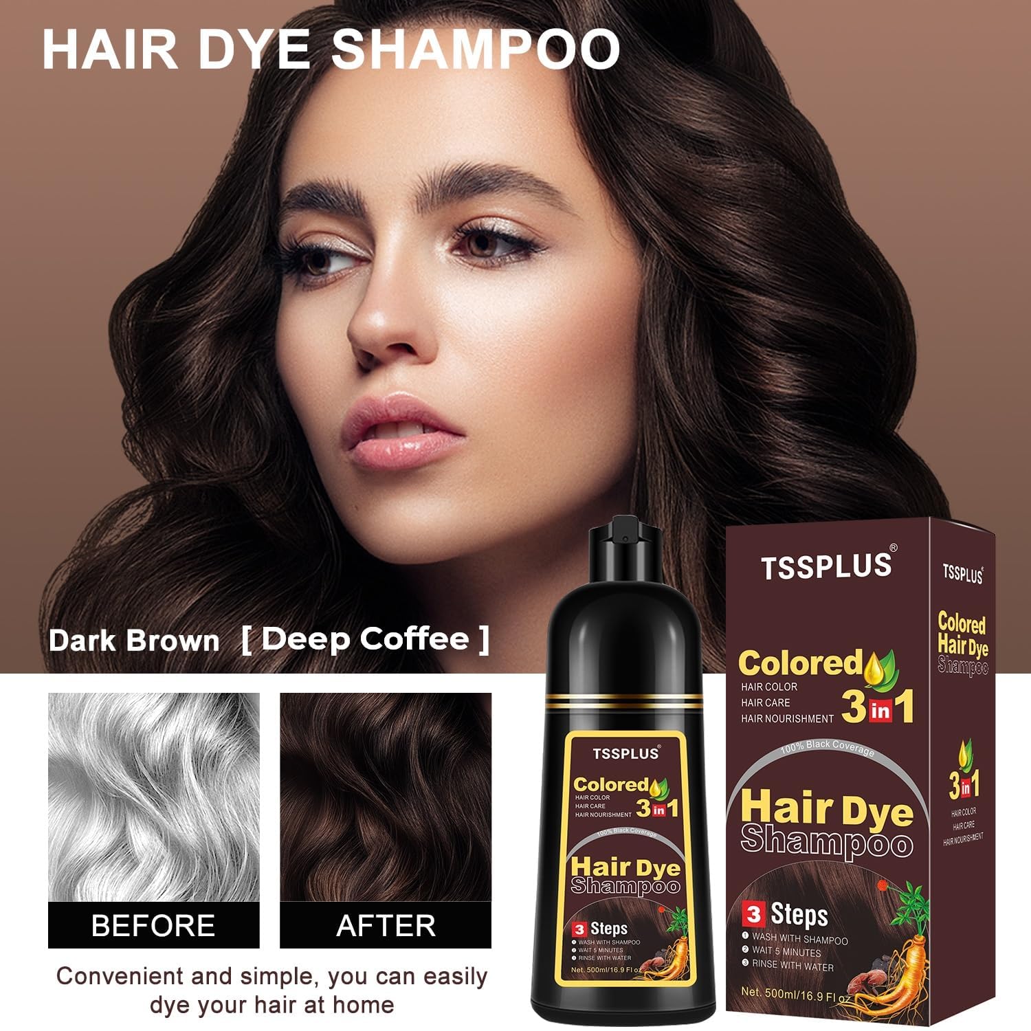TSSPLUS 500ml Hair Coloring Shampoo – Natural Plant Essence, Gray Coverage, Dark Brown