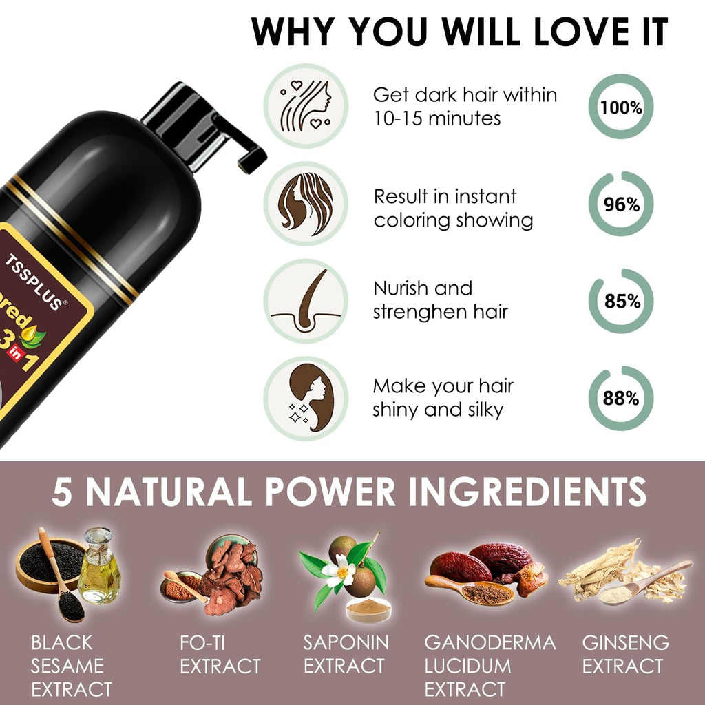 TSSPLUS 500ml Hair Coloring Shampoo – Natural Plant Essence, Gray Coverage, Dark Brown