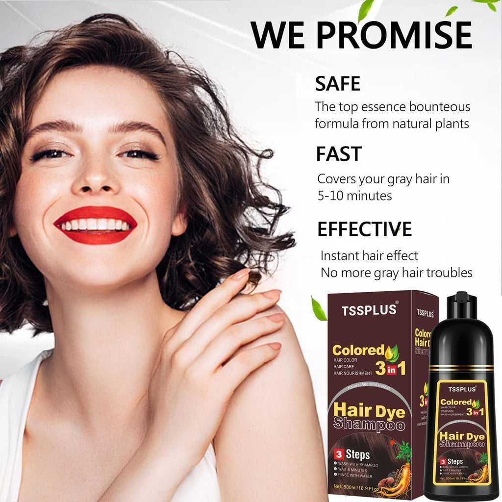 TSSPLUS 500ml Hair Coloring Shampoo – Natural Plant Essence, Gray Coverage, Dark Brown