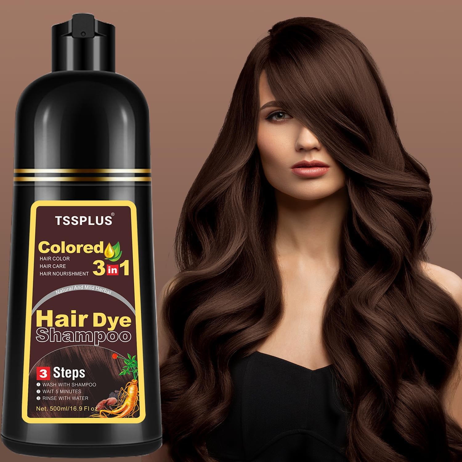 TSSPLUS 500ml Hair Coloring Shampoo – Natural Plant Essence, Gray Coverage, Dark Brown