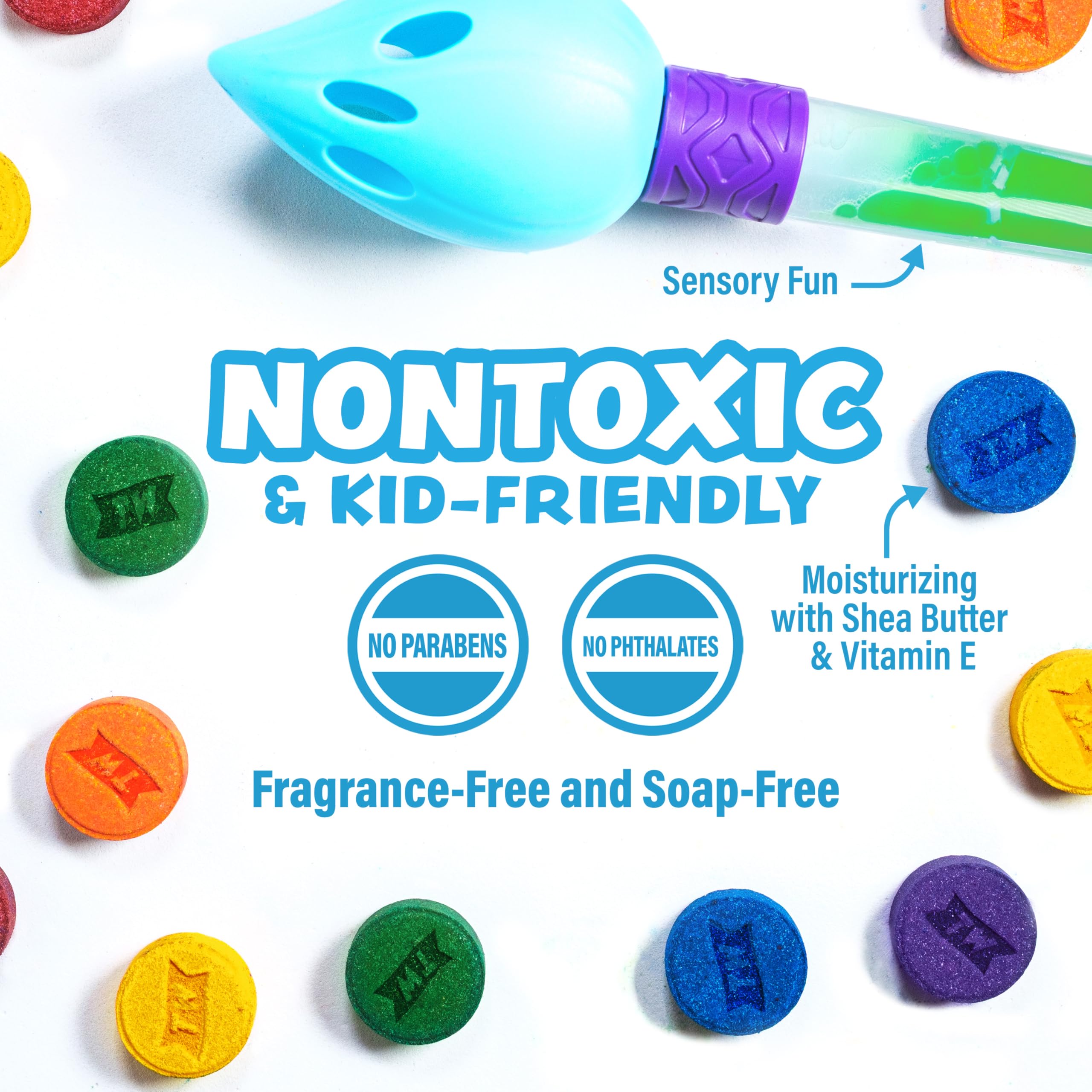 Tub Works Bath Color Brush Kids Bath Bomb Set – Nontoxic & Fragrance-Free | Paint Water with Vibrant Colors