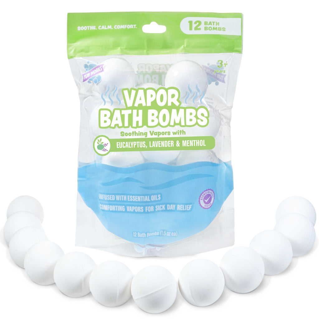 Tub Works Vapor Bath Bombs for Toddlers & Kids – 12 Pack | Eucalyptus, Lavender & Menthol Aromatherapy Bath Bombs