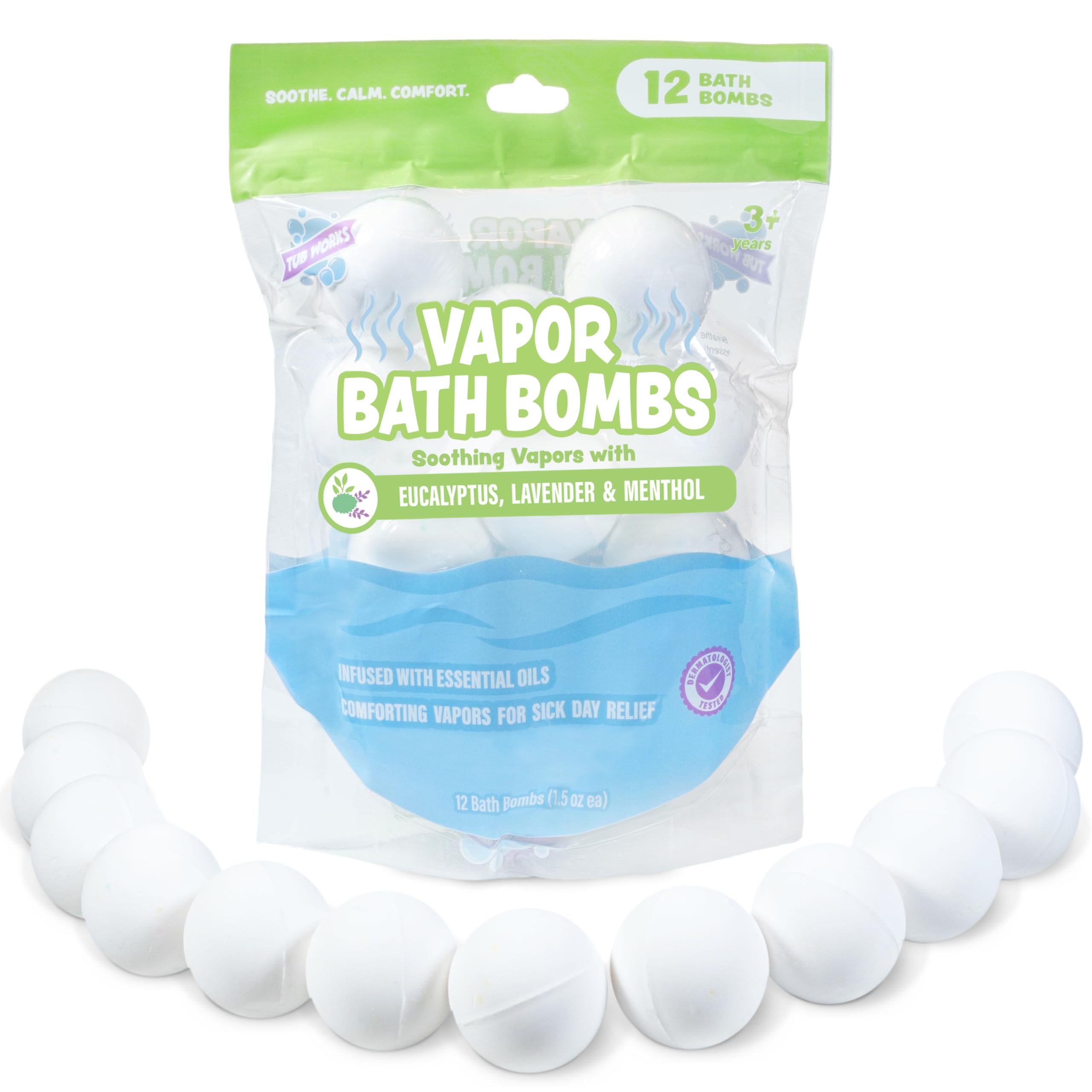 Tub Works Vapor Bath Bombs for Toddlers & Kids – 12 Pack | Eucalyptus, Lavender & Menthol Aromatherapy Bath Bombs