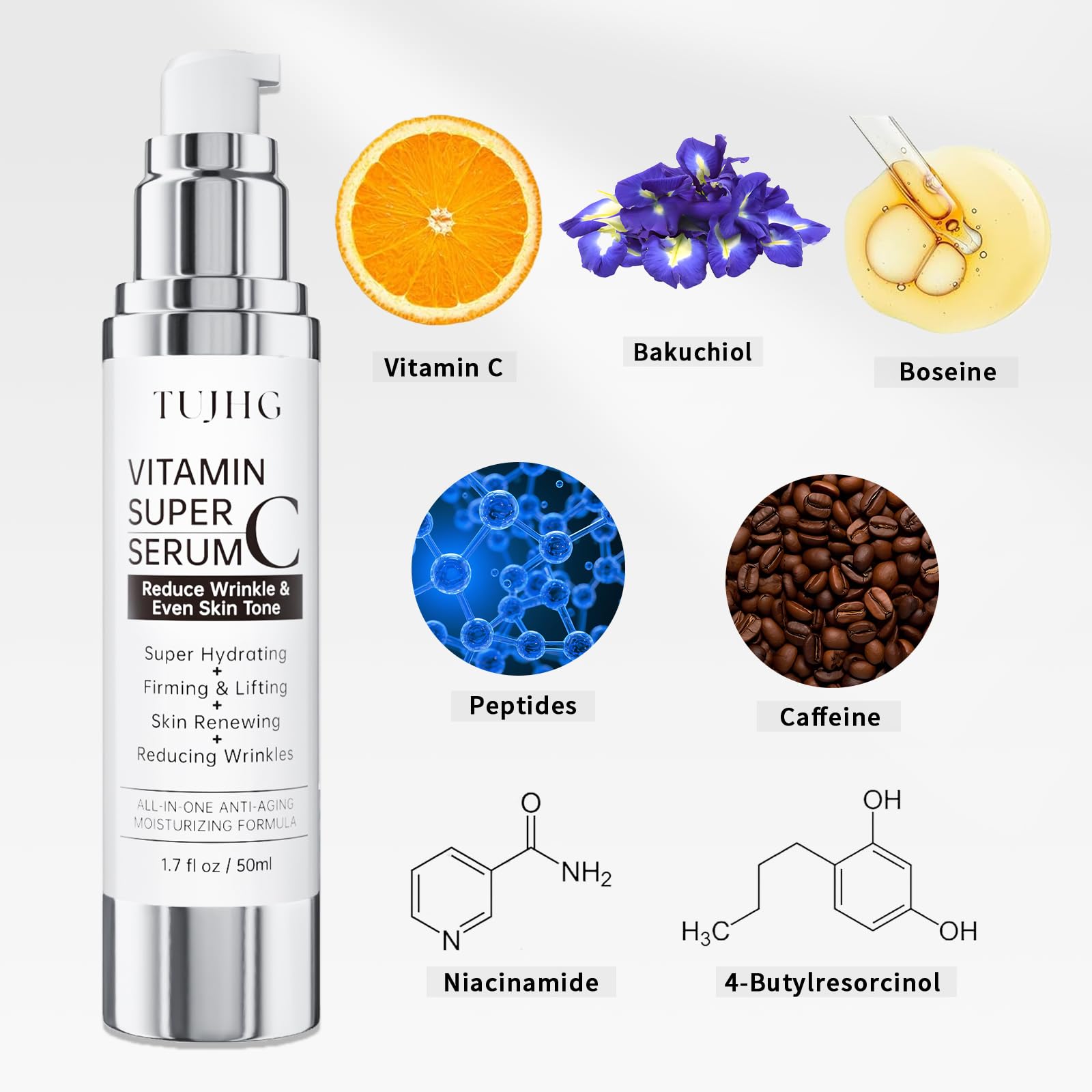 TUJHG Vitamin C Retinol Serum for Face – Brightening & Anti-Aging with HA, Peptides & Collagen, 1.7 fl oz