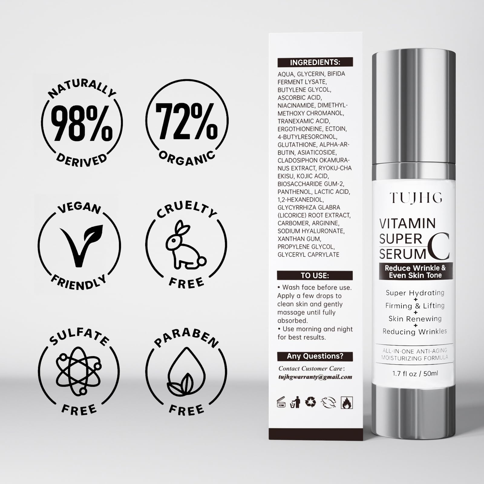 TUJHG Vitamin C Retinol Serum for Face – Brightening & Anti-Aging with HA, Peptides & Collagen, 1.7 fl oz