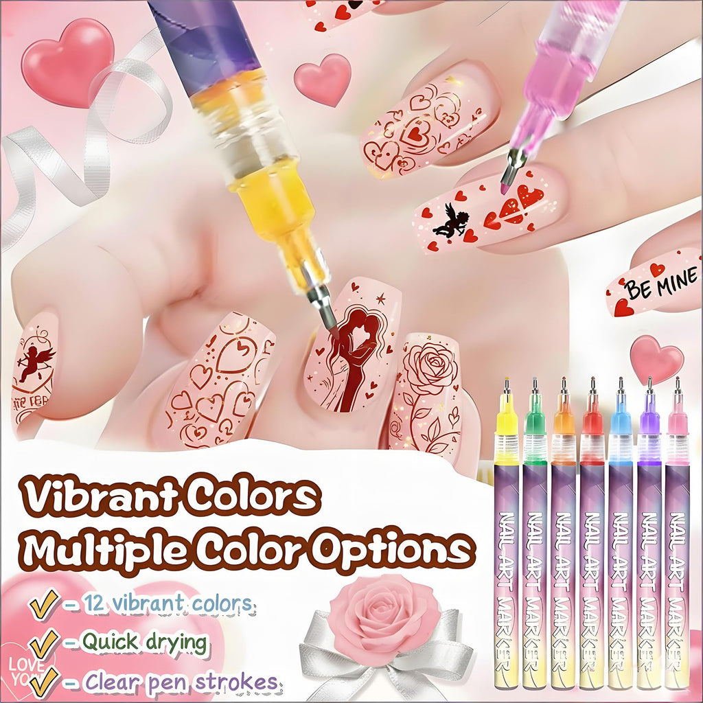 TUONU Valentines Day Nail Art Pens Set – 12 Colors, 0.5mm Tips for Kids