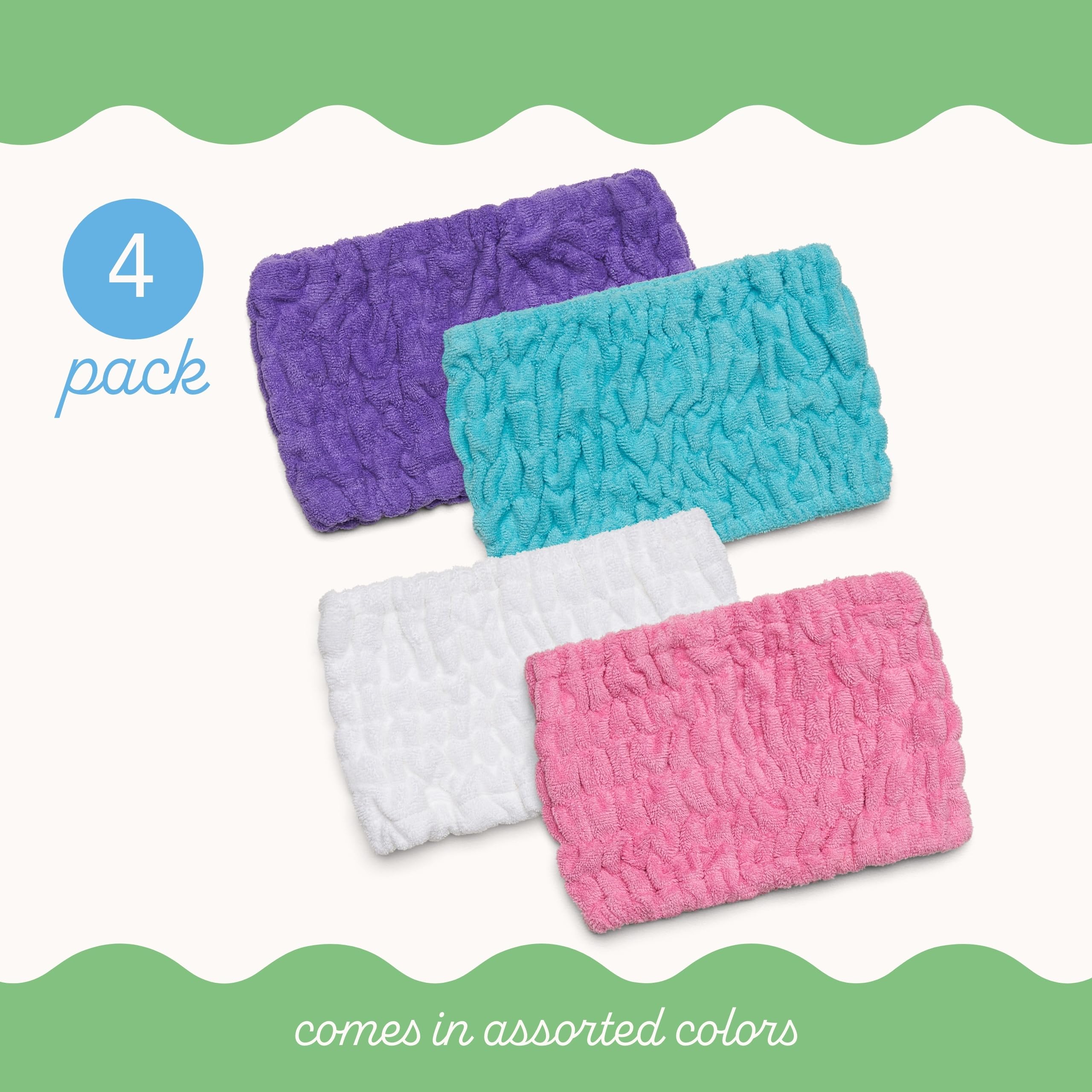 Turbie Twist 4-Pack Turbie Band – Extra-Wide Microfiber Spa Headbands for All Hair Types | Pink, Purple, Blue & White