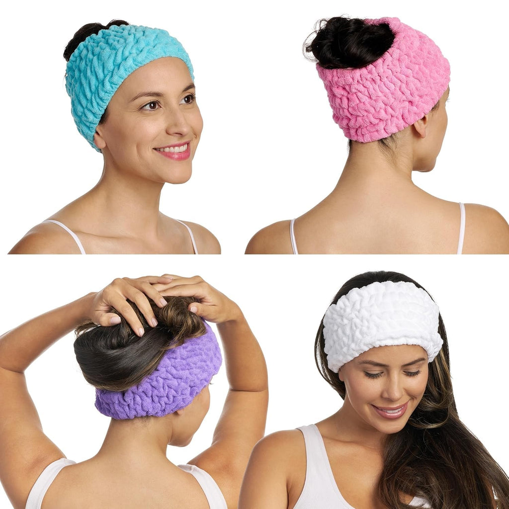 Turbie Twist 4-Pack Turbie Band – Extra-Wide Microfiber Spa Headbands for All Hair Types | Pink, Purple, Blue & White