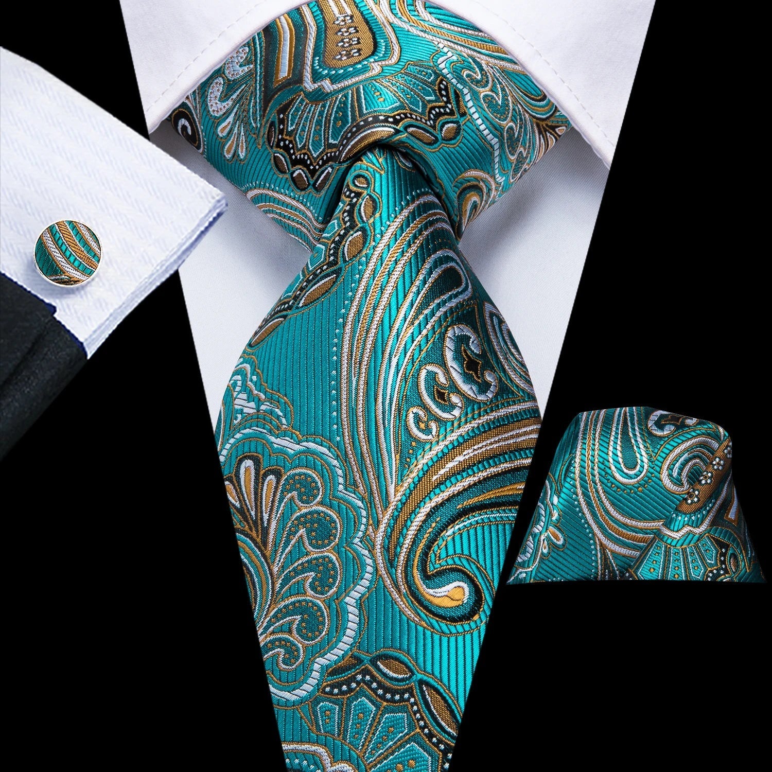 Turquoise Paisley Silk Tie - With Matching Cufflinks & Pocket Square