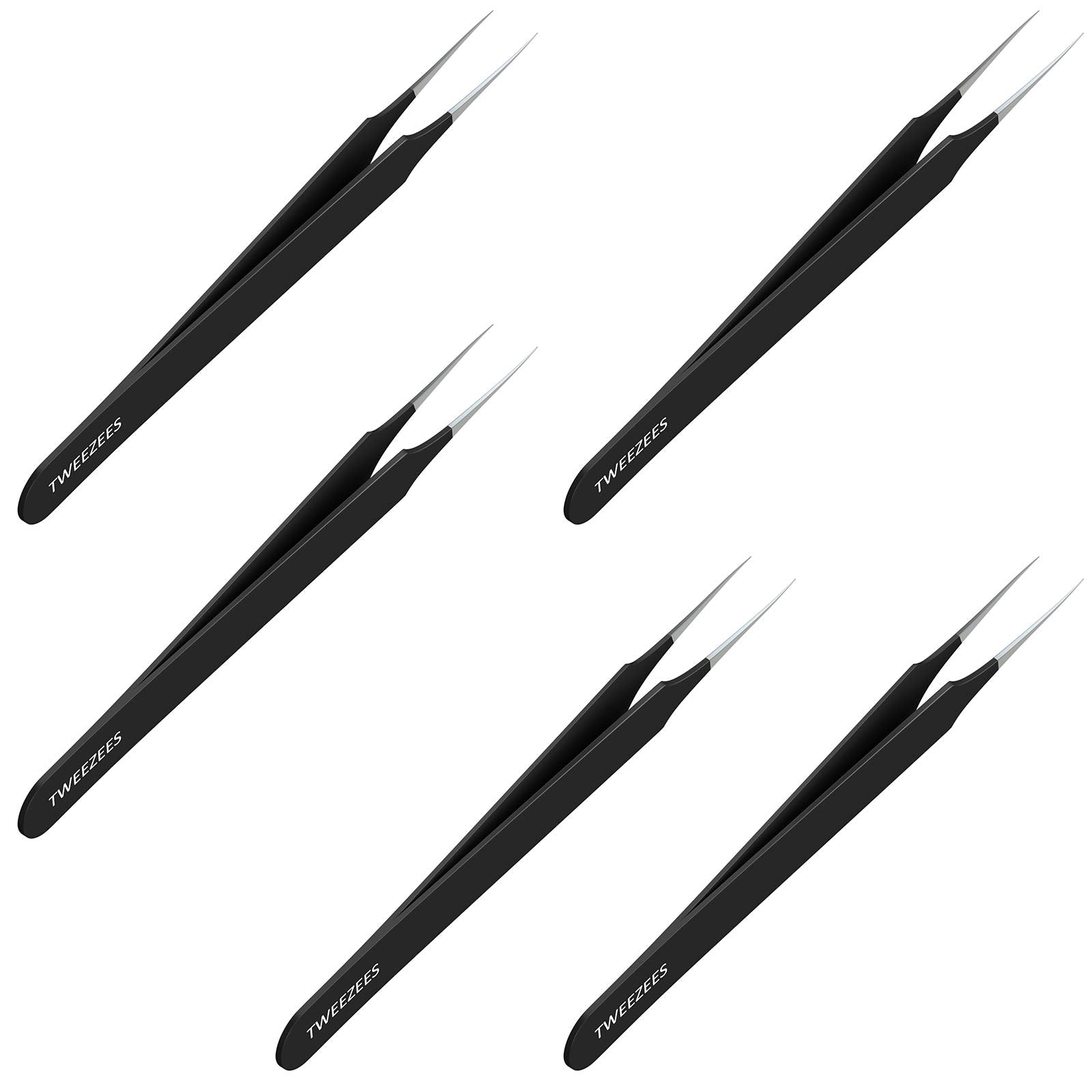 Tweezees Ingrown Hair Tweezers – Pointed Tip, 5-Pack, Black | Precision Stainless Steel
