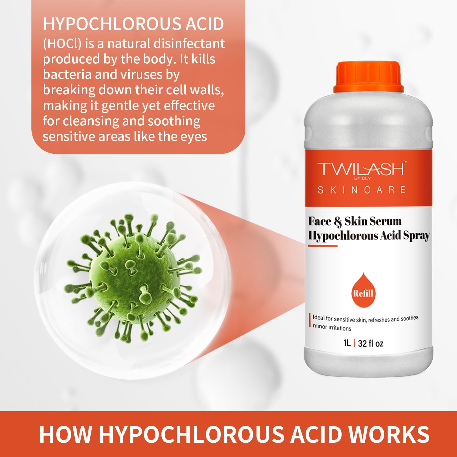 TWILASH BY DLY HOCl Spray Refill | Alcohol-Free Face & Skin Cleanser (32 oz)